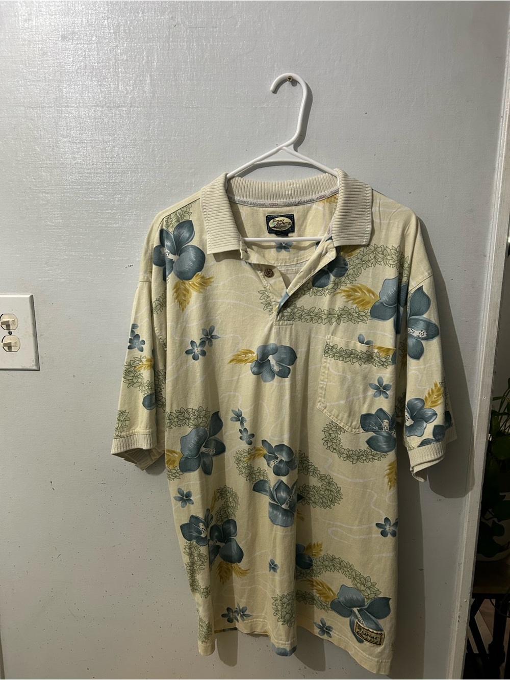 Vintage Tommy Bahama Cream Polo with Blue Floral Print and Yellow Accents